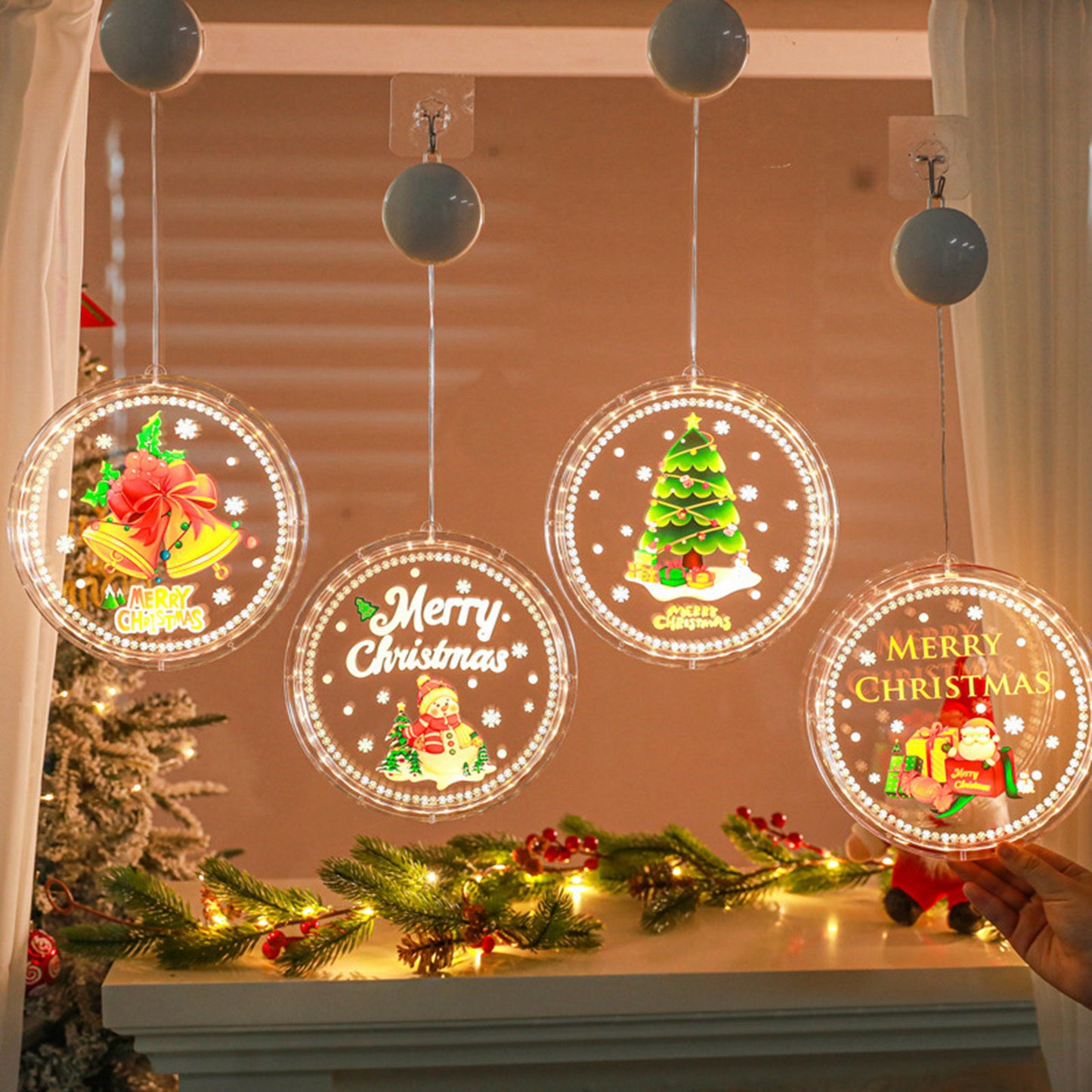 Christmas window lights decoration Christmas window silhouette glowing sign