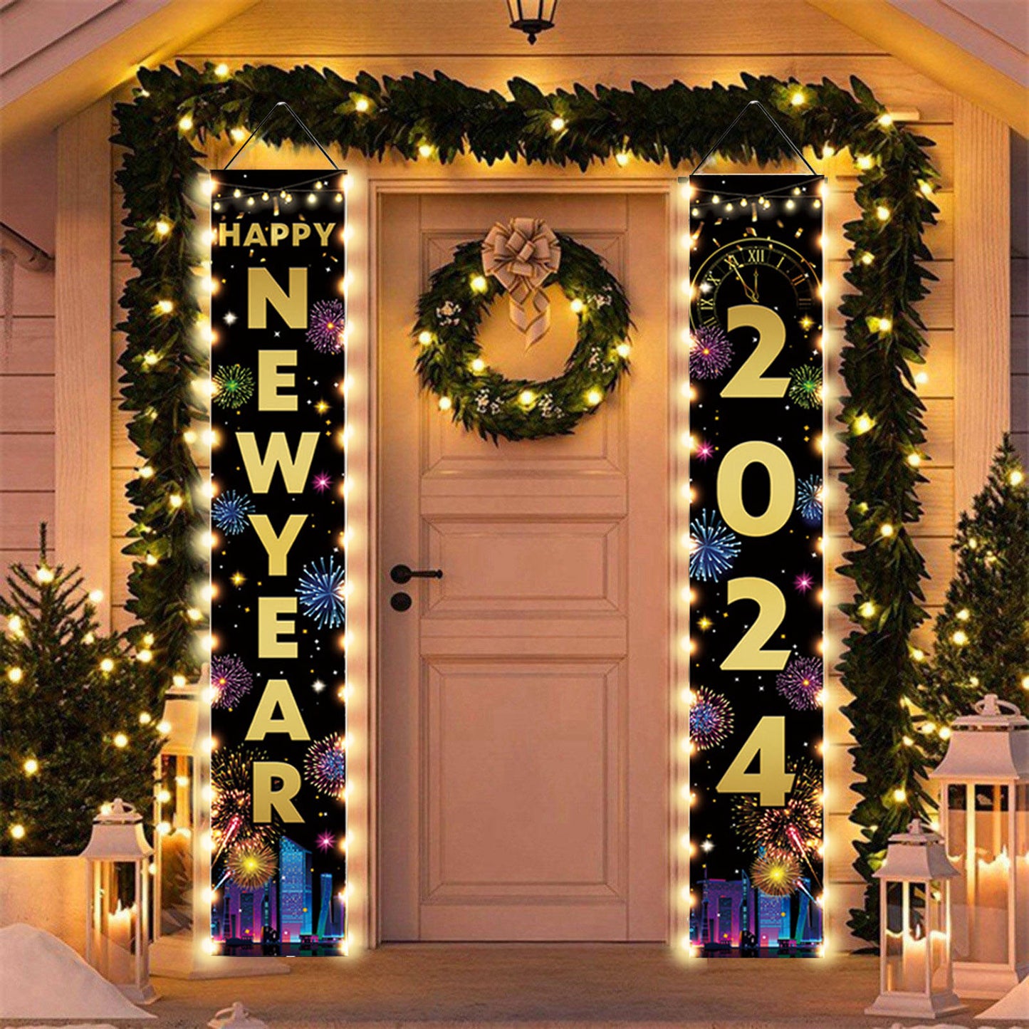 Christmas porch sign with colored lights