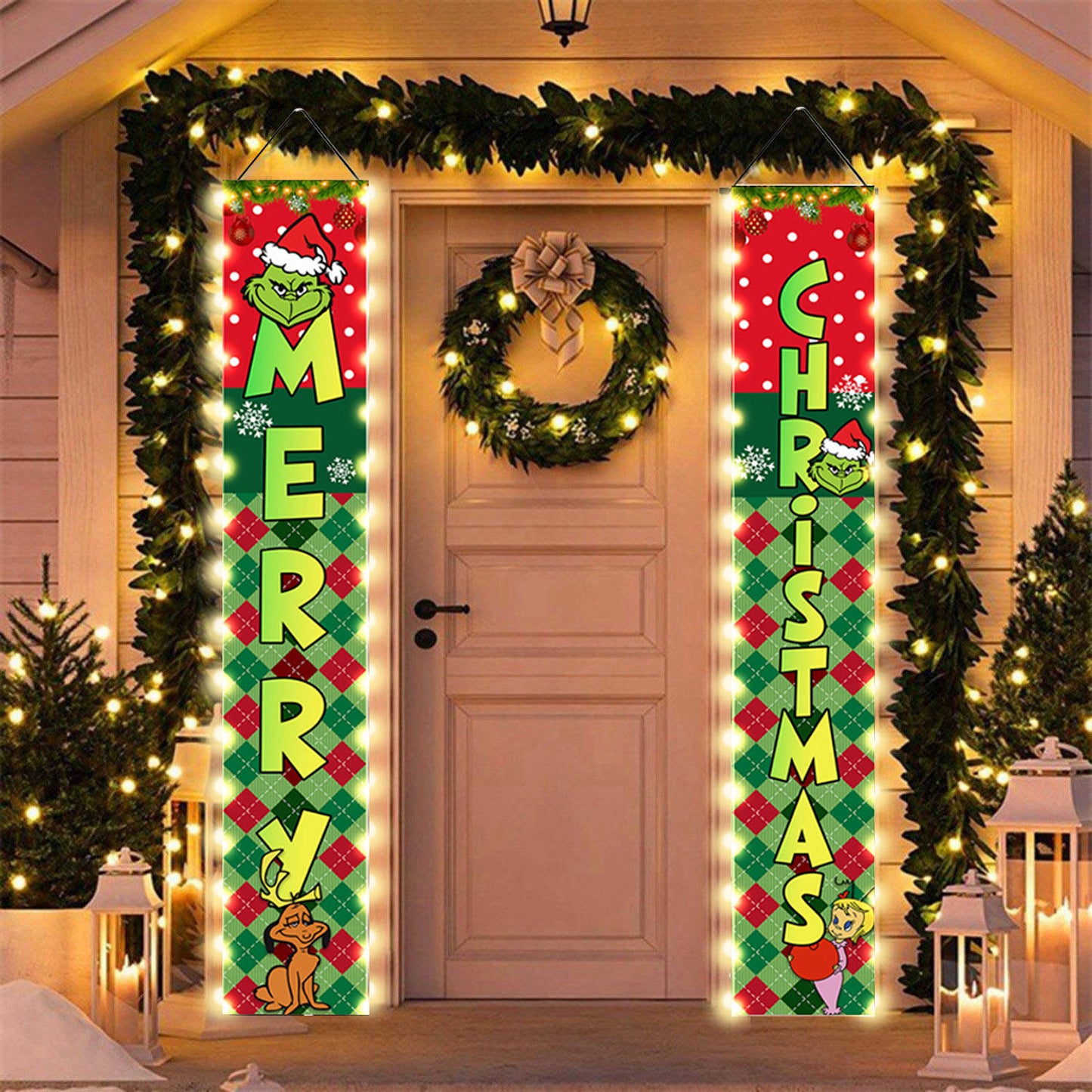 Christmas decorations, Christmas porch sign with colored lights, Christmas door banner