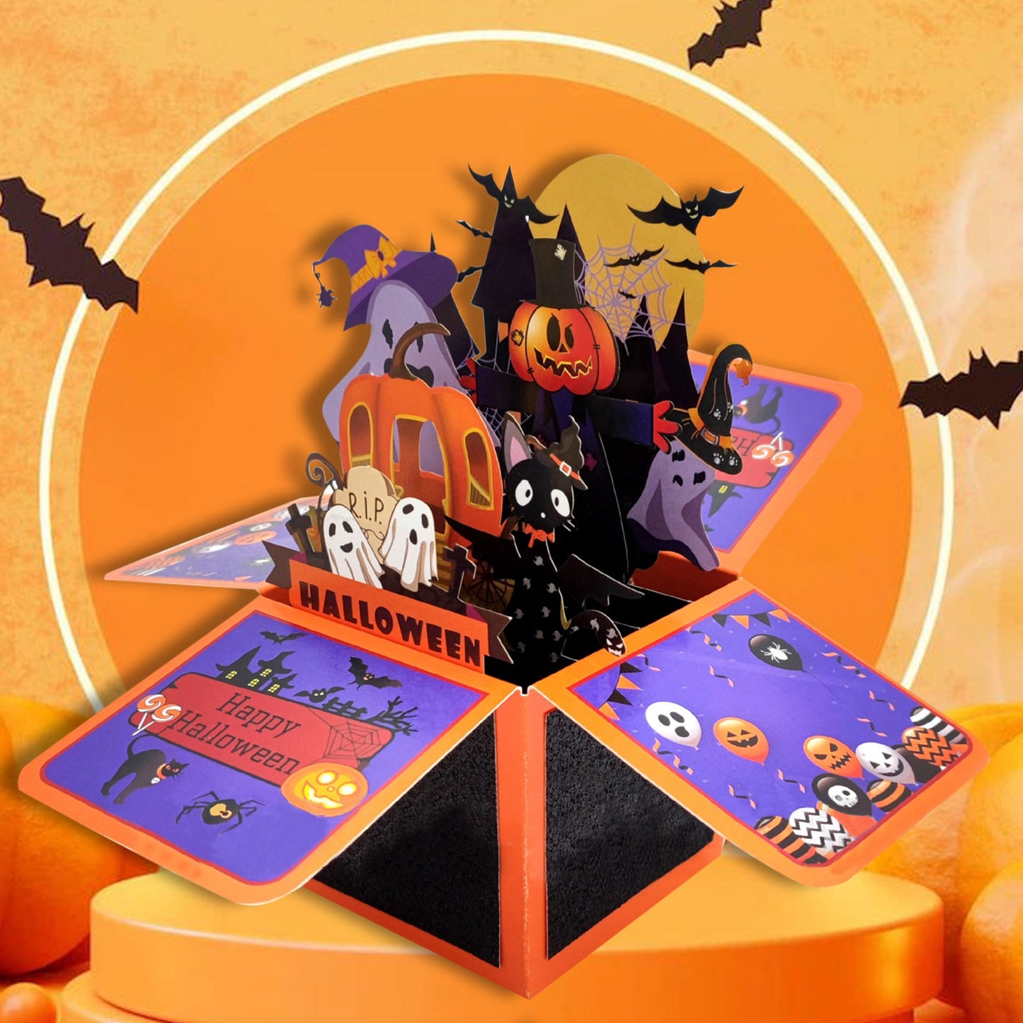 3D Pop-Up Halloween Greeting Card Funny Pumpkin Bat Postcard