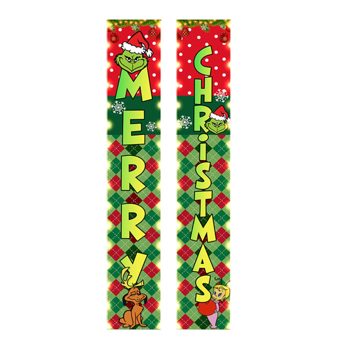 Christmas decorations, Christmas porch sign with colored lights, Christmas door banner