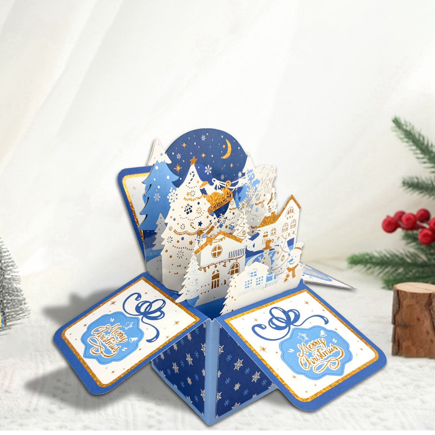 Displayable Pop Up Christmas Card （Christmas forest and home）