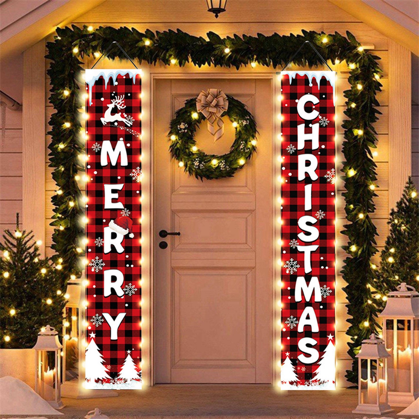 Christmas porch sign with colored lights